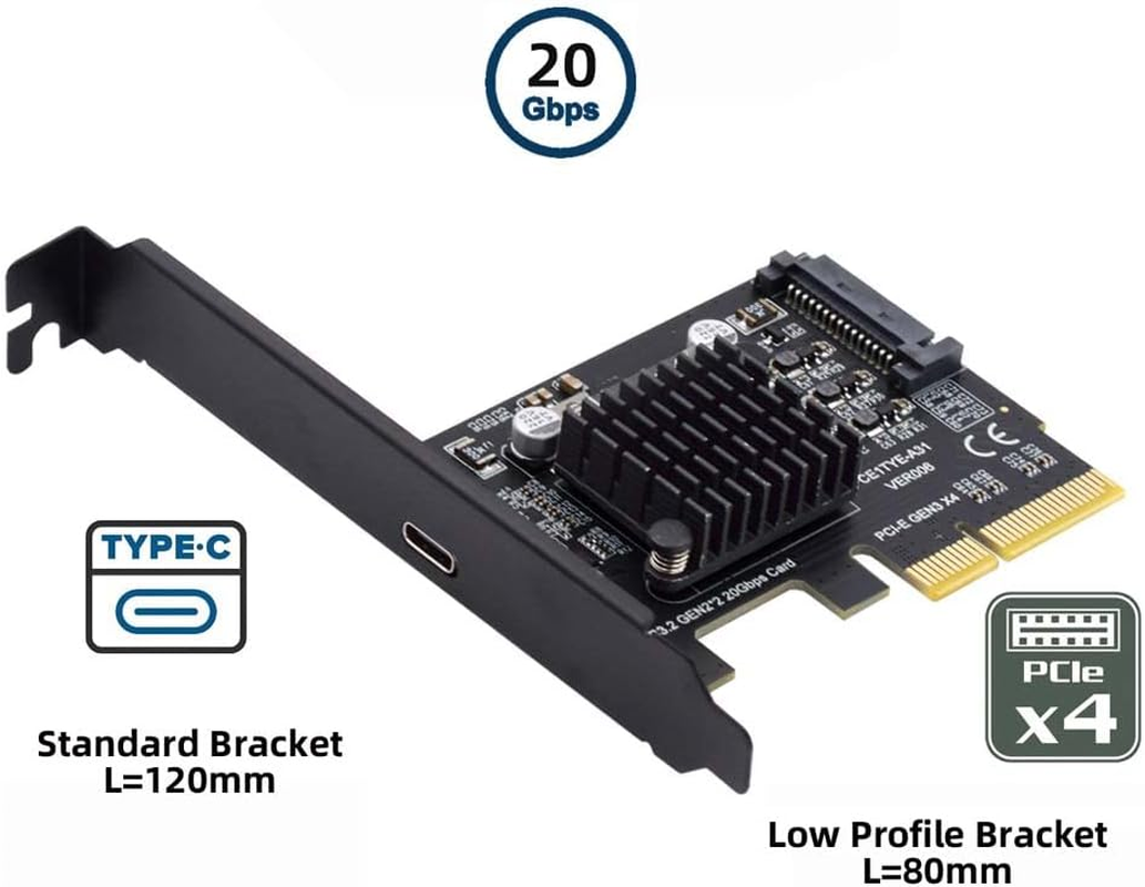 Cablecc 20Gbps USB 3.2 Gen2 Type-C 20Gbps USB-C Female to PCI-E 4X Express Card Adapter for Desktop Motherboard