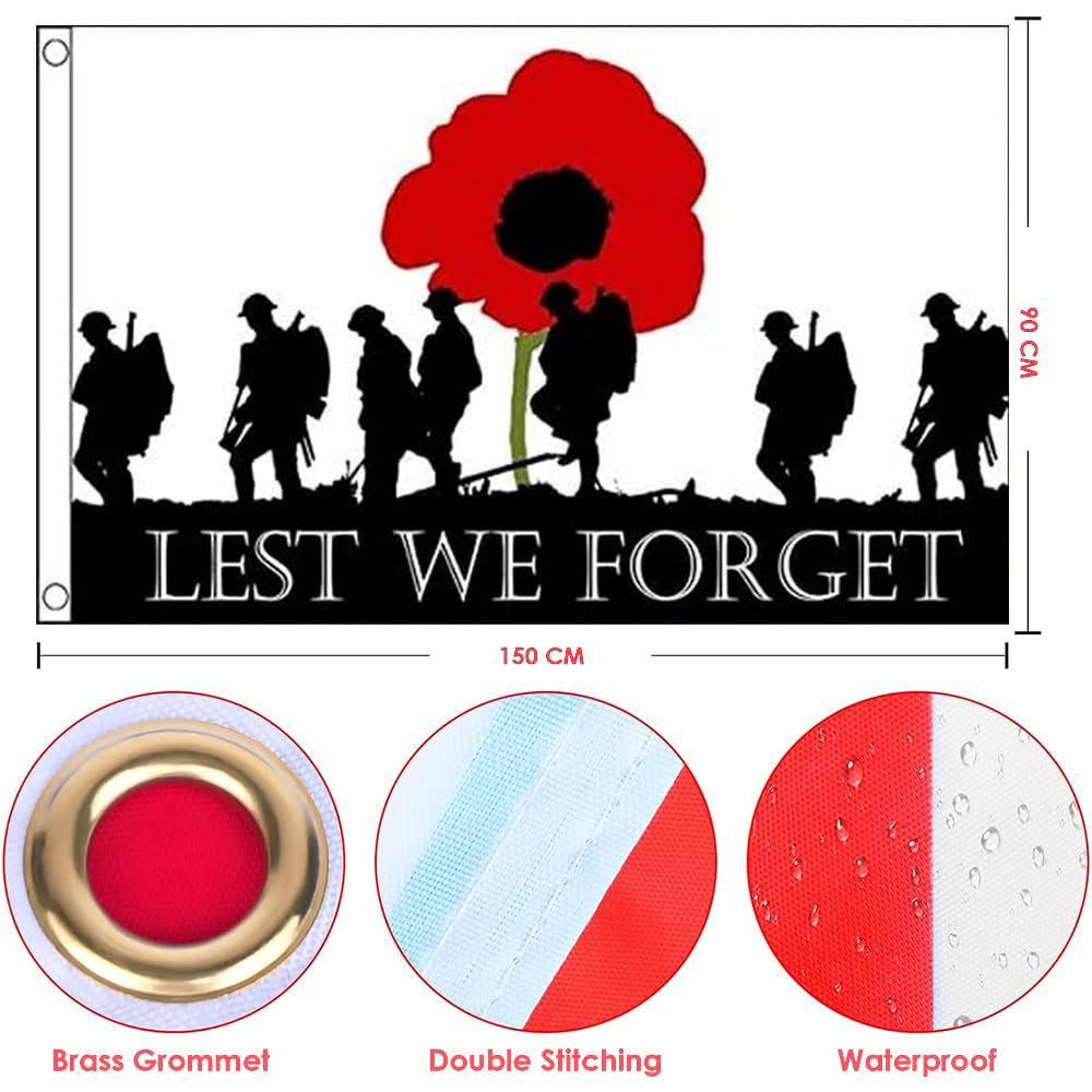 Lest We Forget Army Flag 90 * 150 CM, Remembrance Day Flag, Polyester Thickness, Fade Resistant, Brass Grommets, Canvas Header, Indoor,Outdoor, Vibrant Colors,Not Fear of Rain and Snow image number 2
