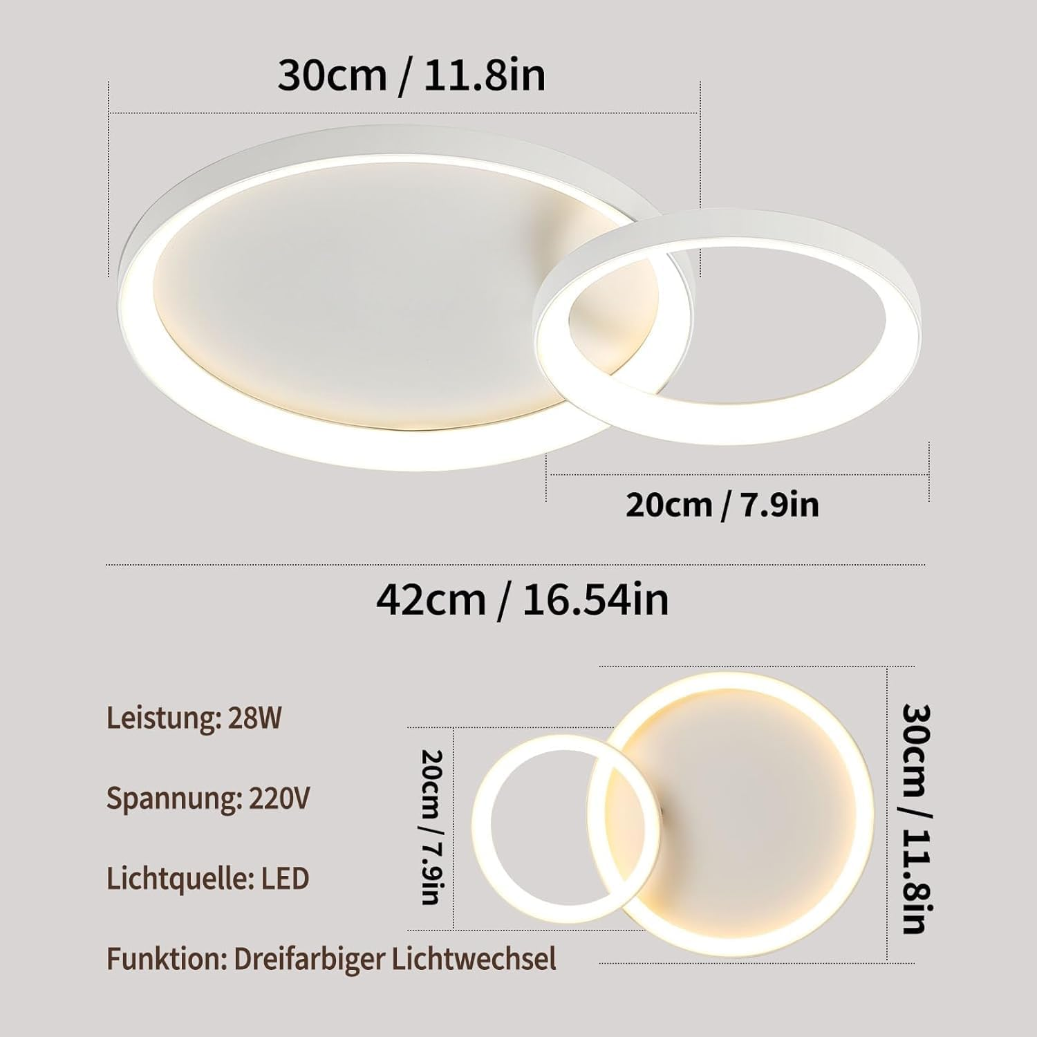 RRBEST LED Ceiling Light Living Room Ceiling Light, 28 W/57 Cm Dimmable Modern Living Room Lamp with Remote Control, 3000 K - 6000 K, Black 2-Ring Design Bedroom Lamp for Dining Room, Study image number 1