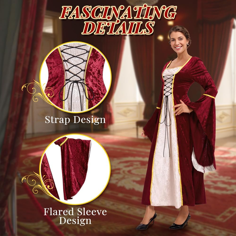 AUTOWT Medieval Gothic Renaissance Gown Dress Costume, Velvet Witch Wench Irish Victorian Trumpet Sleeve Costumes for Women Adult Halloween Cosplay Dress up Party image number 6