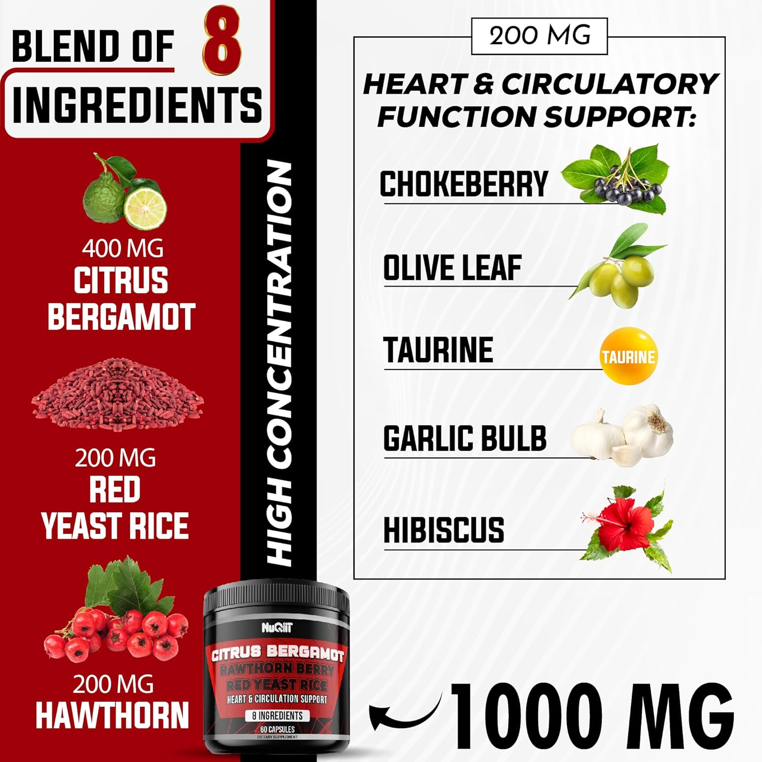 Citrus Bergamot 500Mg Extract with Red Yeast Rice as Black Chokeberry, Hawthorn & More - 60 Capsules image number 1