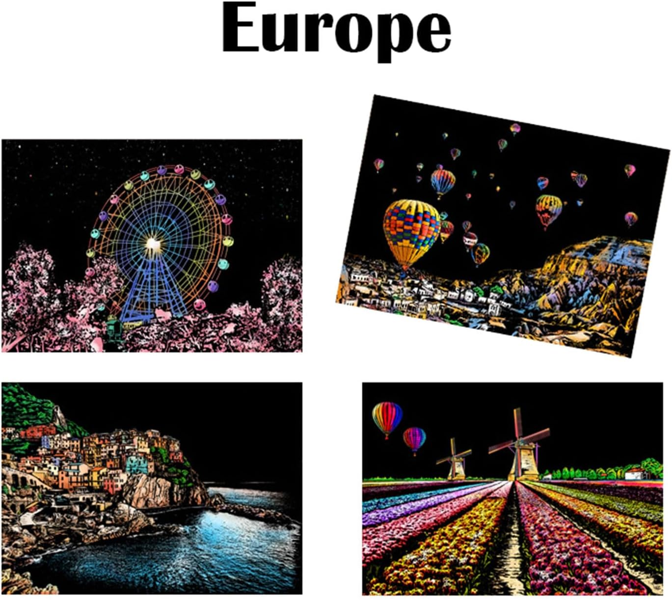 Georgie Porgy Scratch Picture Set DIY Craft Sets for Children Magic Rainbow Scratch Paper A4 Postcards for Christmas Birthday Gift with Scratch Tools Kit (Europe + Road Corner) image number 2