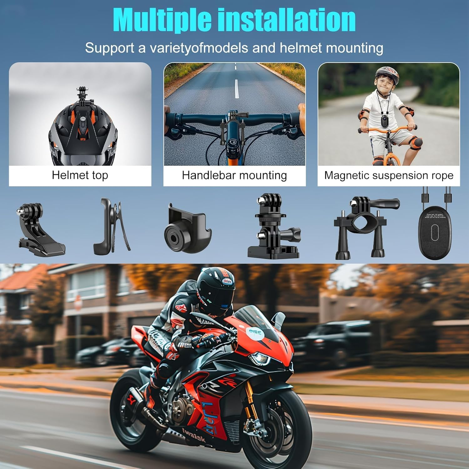 360 Action Camera with 128 GB Card, Mini Action Bodycam Night Vision with 0.85" Screen, Magnetic 1080P Motorcycle Helmet Camera, POV Vlog Body Video for Cycling and Travel-Black image number 6