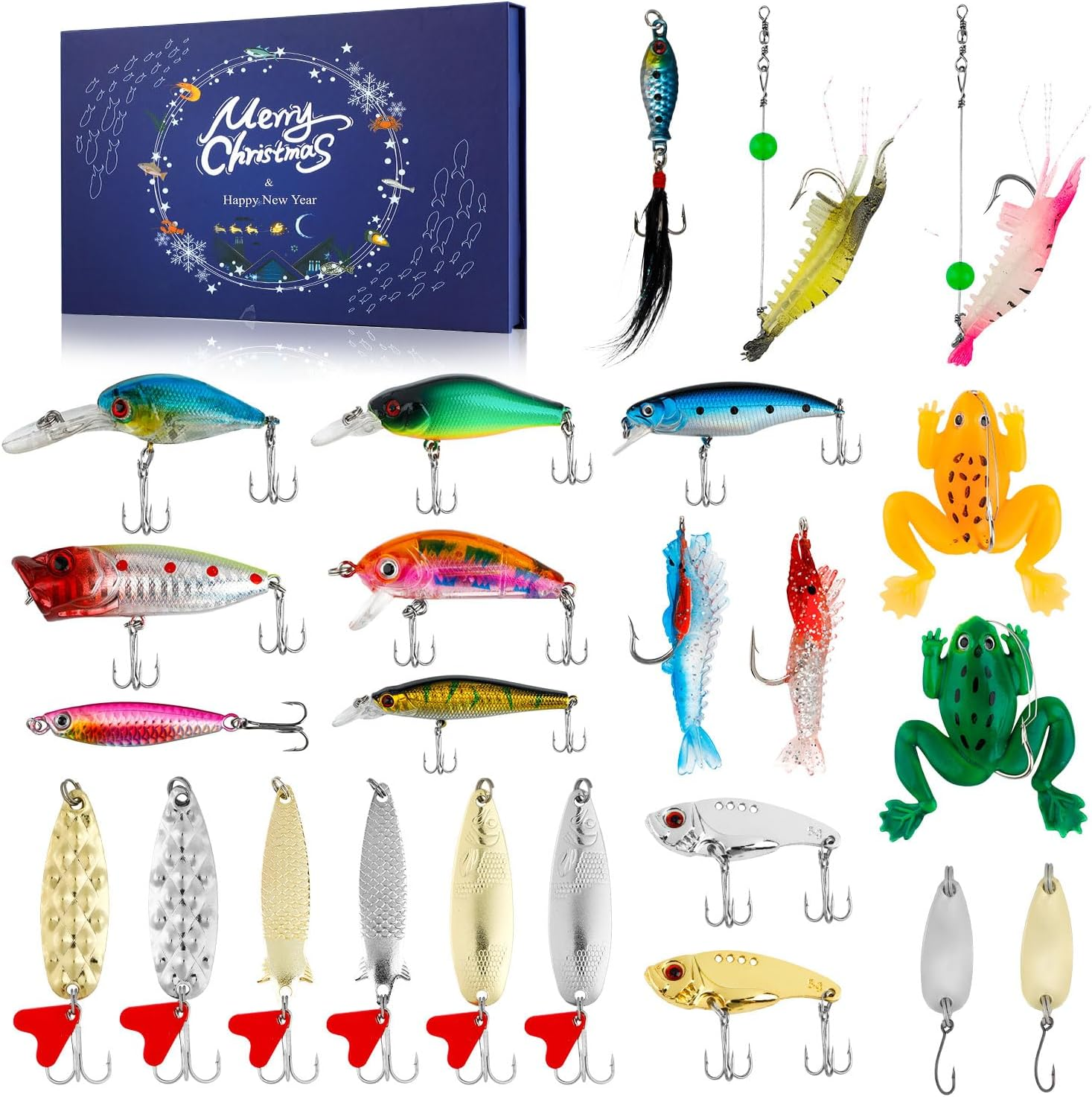 Fishing Advent Calendar 2025, 24 Days of Christmas Countdown Calendar, Fishing Lures Set for Fisher Adult Men Teen Boys, Soft Lures Spoons Minnow Xmas Surprise Gift(Random Style)