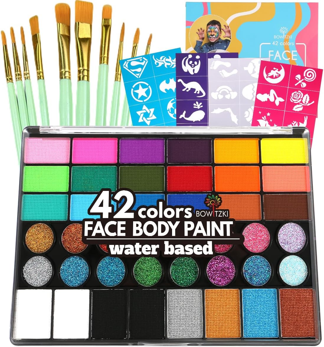 Bowitzki Face Paint Kit,Water Based Non Toxic Face Paint Palette with 24 Colors,16 Glitters, 32 Stencils & 10Pcs Brushes, Professional Body Face Paint Makeup for Party,Halloween,Carnival,Festival image number 2