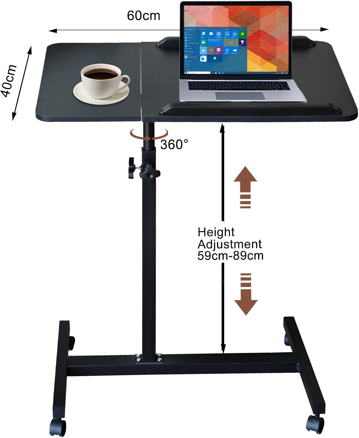 ONEIN Adjustable Laptop Table for Bed Couch Sofa, Portable Standing Desk with Rolling Casters for Home Office, C Shaped Small Study Table, Tiltable & Stable (Black) image number 3