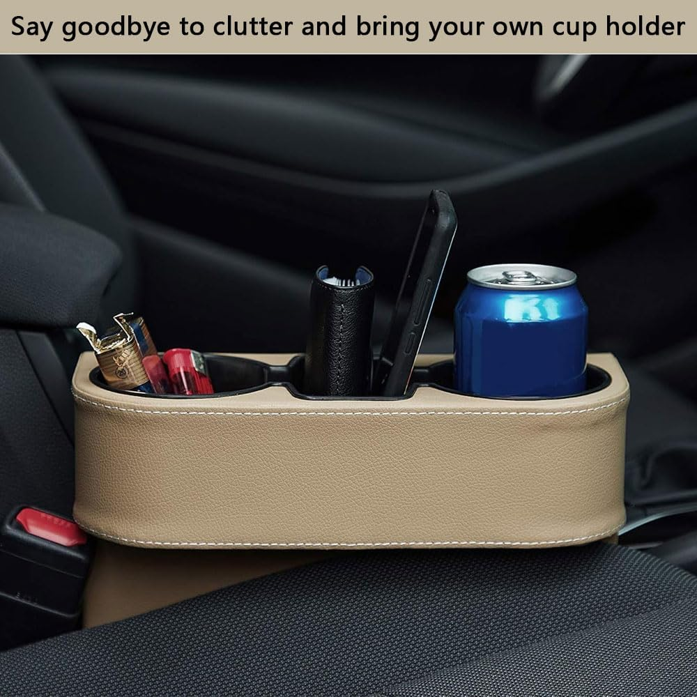 Car Seat Gap Organizer with Cup Holder &ndash; PU Leather Front Seat Side Pocket Storage Box with Phone Slot, Coin Holder and Console Gap Filler &ndash; Beige Car Interior Organizer image number 6