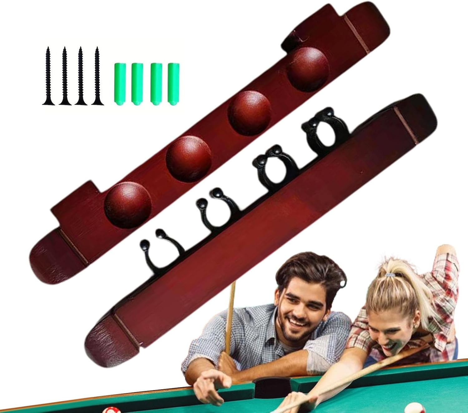 Billiards Pool Cue Rack, 4 Cue Clips Billiard Stick Wall Rack, Sturdy Wall Rack for Pool Cue Sticks, Stylish Hardwood Pool Cue Set Holder, Pool Accessories