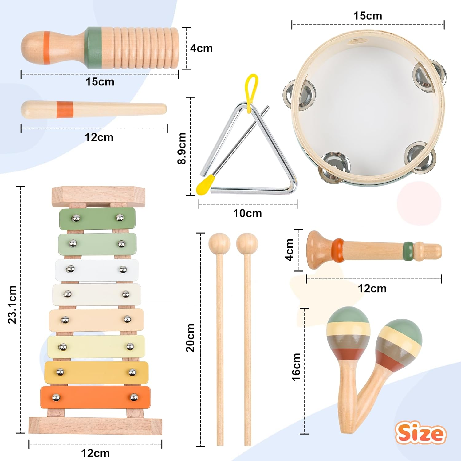 CYZAM Wooden Musical Instruments, Montessori Toys for Baby Toddler 1-3, Neutral Colors Wooden Percussion Instruments Set, Modern Boho Xylophone Tambourine, Kids Preschool Educational Birthday Gifts image number 5