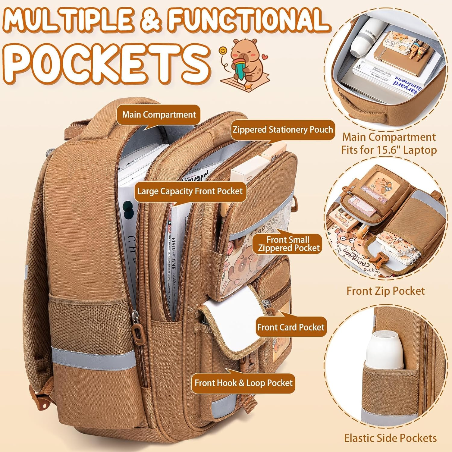 Fimibuke Kids School Backpack for Girls Boys, Cute Toddler Backpack School Supplies with Bookbag Pencil Pouch Stationery Set, Panda, Large - Capybara image number 7