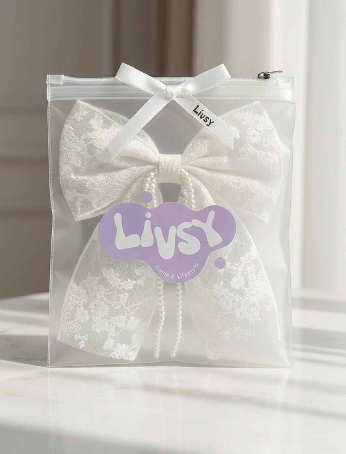 LIVSY Elegant Lace Bow Hair Clip for Women & Girls &ndash; Vintage Black Tie Hair Accessory, Large Barrette with Pearl Ribbon | Stylish Hair Clips, Hair Ties & Claw Clip Alternative - White image number 6