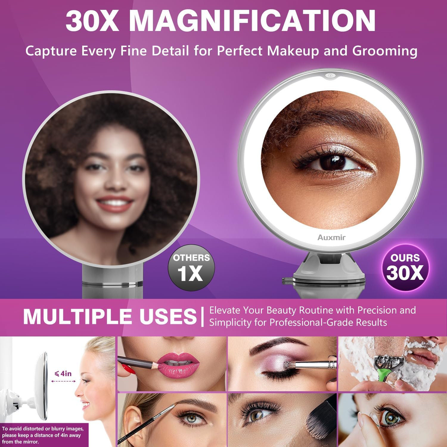 Auxmir 2025 Upgraded 30X Magnifying Mirror with Light, Makeup Mirror with 2-Level Lights, Vanity Mirror with Power Suction Cup and Tweezers, 360&deg; Swivel, Portable Bathroom Mirror for Home Travel image number 5