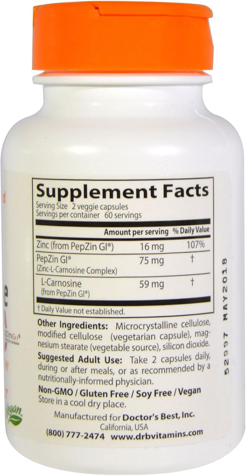Doctor'S Best Zinc Carnosine Complex with Pepzin Gi Veggie Caps, 120 Count image number 2