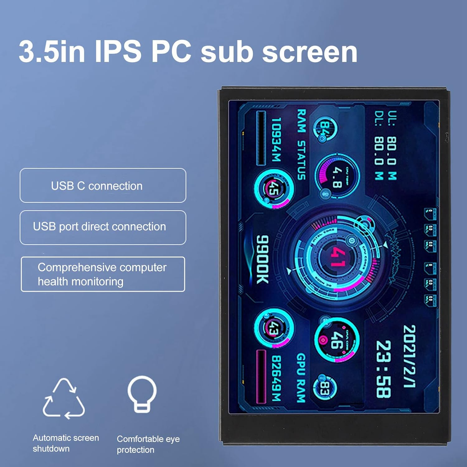 Mini Monitor, 3.5In Computer Secondary Screen CPU Temperature Monitor, PC Sensor Panel Display, IPS Full View Display Small Screen for AIDA64 PC CPU RAM Hard Disk Data Monitor image number 4