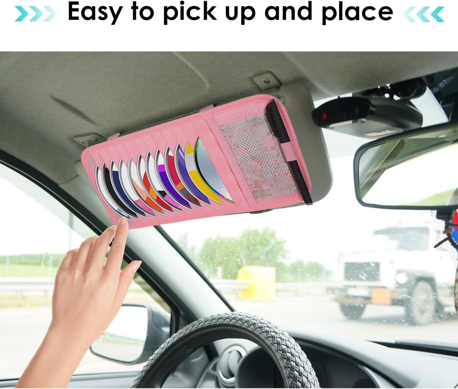 Trinkrittey CD Holder for Car Visor, Vehicle Sun Visor Organizer Large Capacity with 12 DVD Storage Sleeves 1 Mesh Pocket 1 Pen Holder and Elastic Strap - Pink image number 5