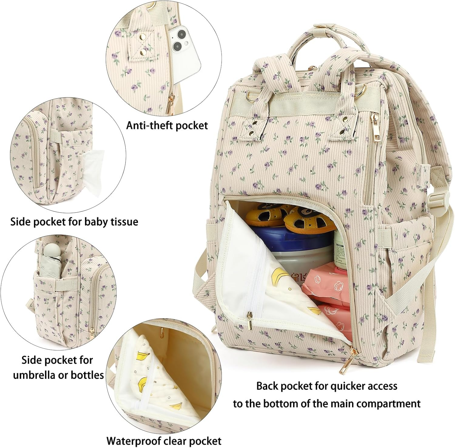 Corduroy Diaper Bag Backpack for Baby Girls Boys, Women Large Nappy Bags for Mom image number 4