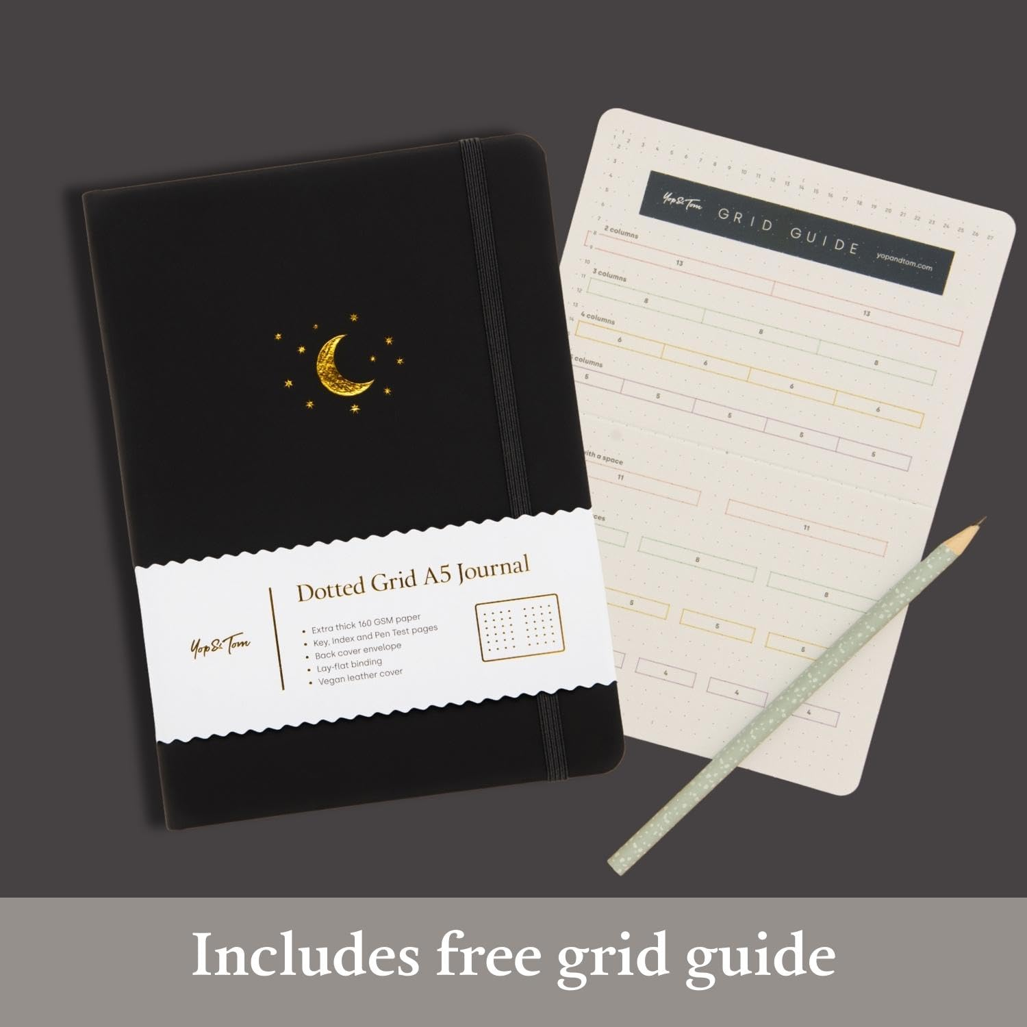 Yop & Tom Dotted Journal Notebook A5 - Moon and Stars - Updated 2021 Design - with Extra Thick Paper (160 GSM) - Bullet Grid Journal - Charcoal image number 2