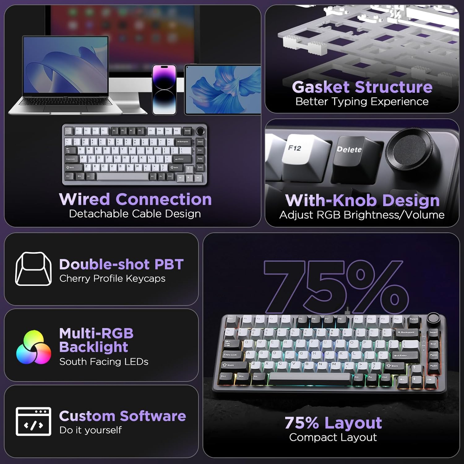 YUNZII B75 Mechanical Keyboard, 75% Hot Swappable Keyboard with Knob, RGB Backlit Gasket Gaming Keyboard with Double-Shot PBT Keycaps, for Win/Mac (Dark Grey, Cocoa Cream V2 Switch) image number 4