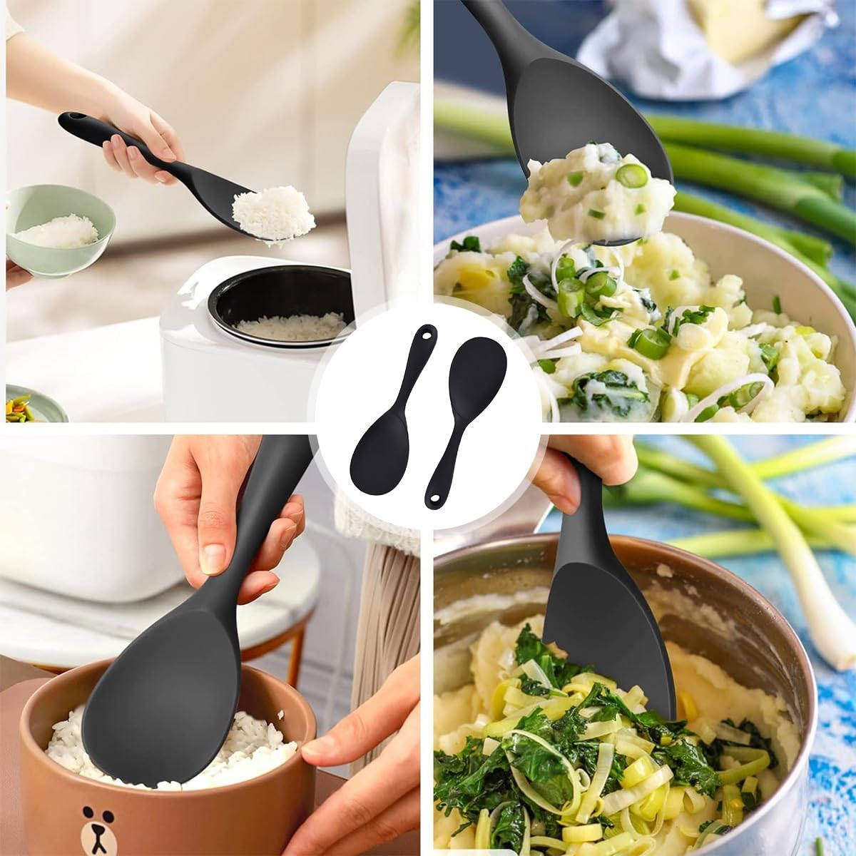 Silicone Rice Spoon Paddle Set of 2, Non Stick Heat Resistant Silicone Rice Serving Spoon Rice Cooker Spoon (Black) image number 1