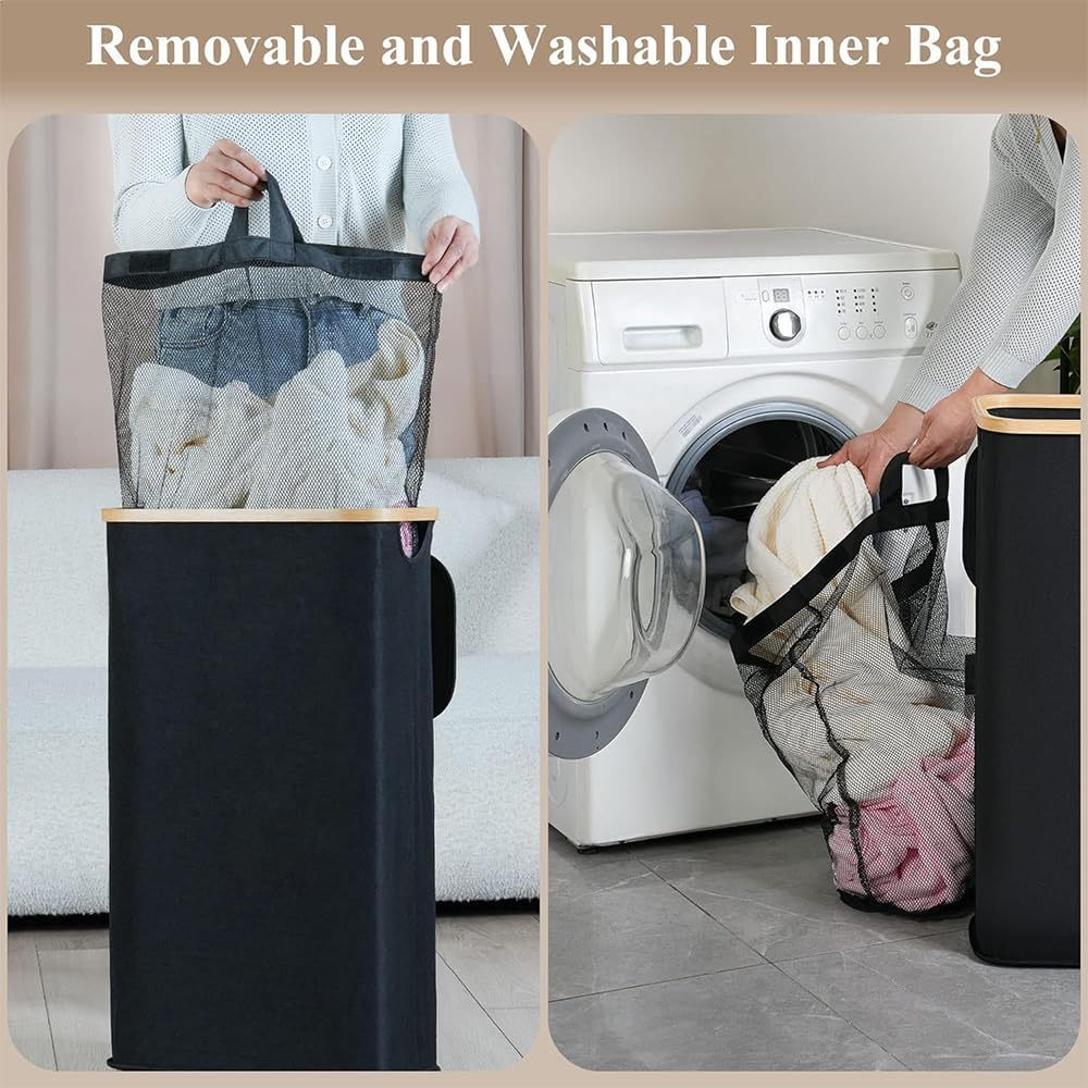 Laundry Hamper with Lid, Large Foldable Laundries Hampers, Slim Laundry Hampers with Lid, Cloth Storage Basket, Black Hamper for Laundriese, Removable Inner Bag, Narrow Laundries Basket image number 3