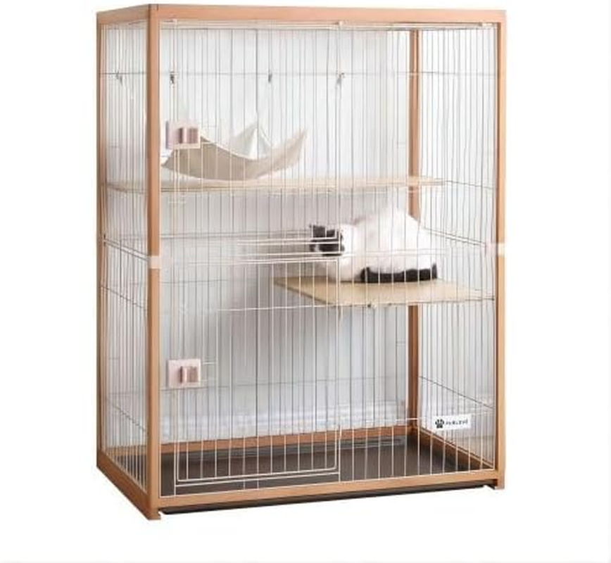 BTM Cat Cage, 2 Tiers, Wooden Frame, Spacious, Large, Stylish, Cat House, Answering Machine, Ladder, Protection, Escape Prevention, Easy Assembly, Multiple Heads, Pet Cage, Natural image number 3