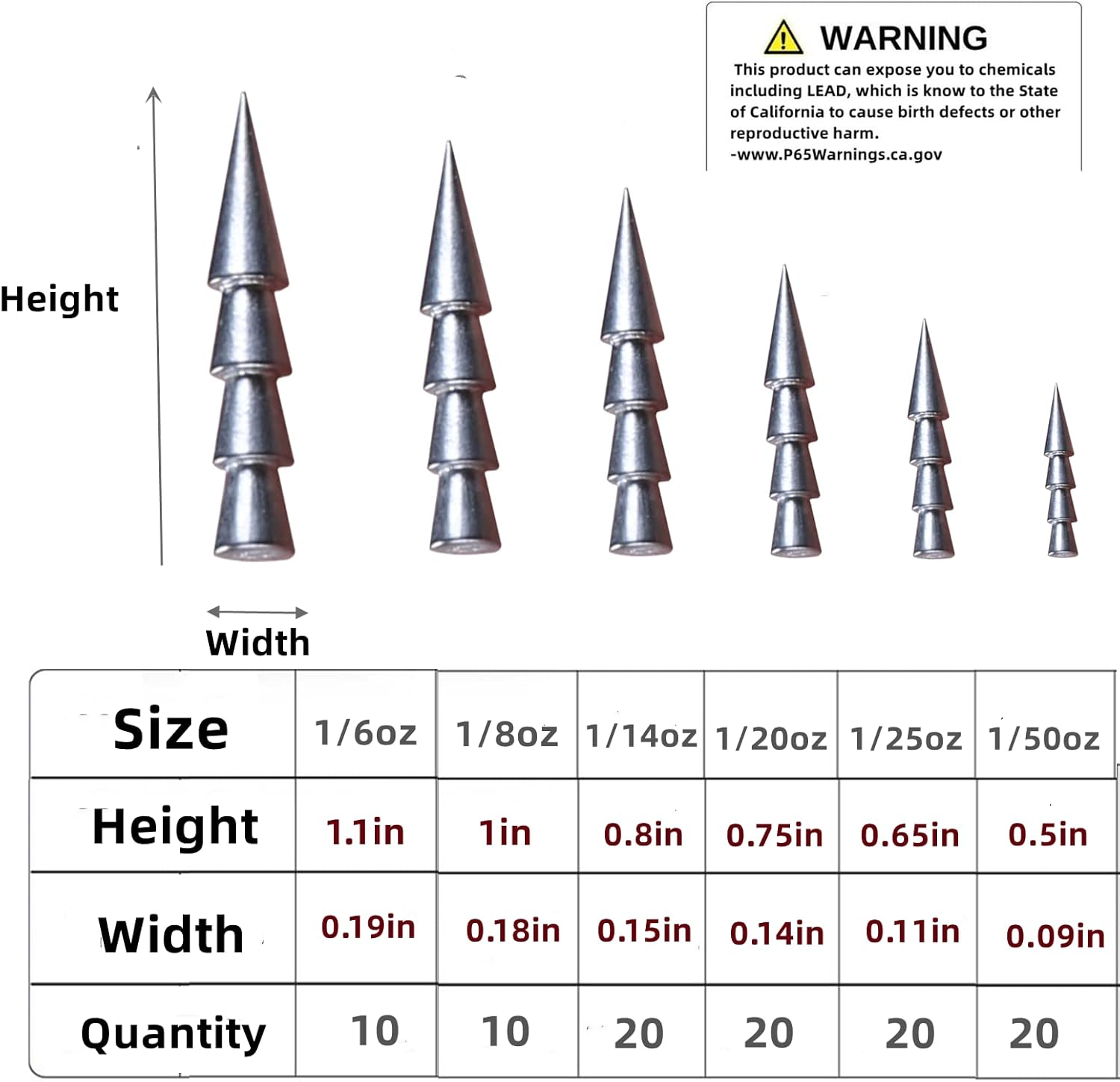 DAMIDEL 100Pcs/Box Nail Weights Sinkers(1/6Oz,1/9Oz,1/8Oz,1/14Oz,1/25Oz,1/50Oz) 6 Sizes Mixed，Insert Sinkers Lead Fishing Weights for Tackle Worm Soft Plastic Lures image number 2