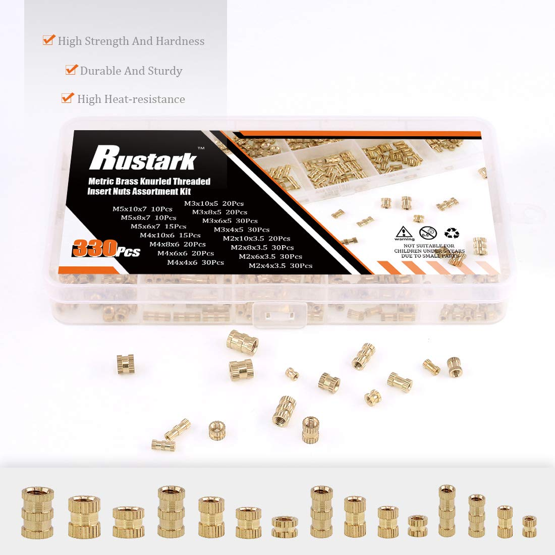 Rustark 330Pcs M2 M3 M4 M5 Metric Female Thread Brass Knurled Threaded Insert Embedment Nuts Assortment Kit image number 4