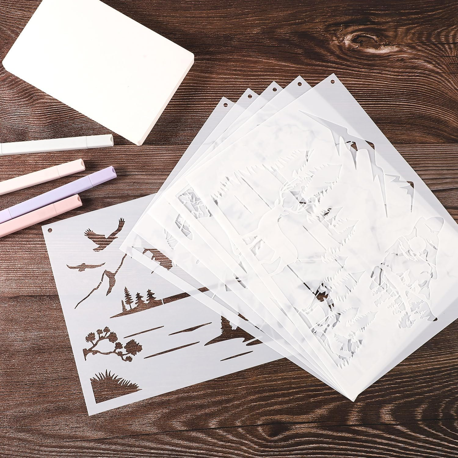 6Pcs Mountain Stencils for Painting on Wood, Reusable Wood Burning Stencils Pine Tree Wildlife Deer Template Forest Pattern Stencils for Wall Drawing Fabric Furniture Canvas Crafts image number 4
