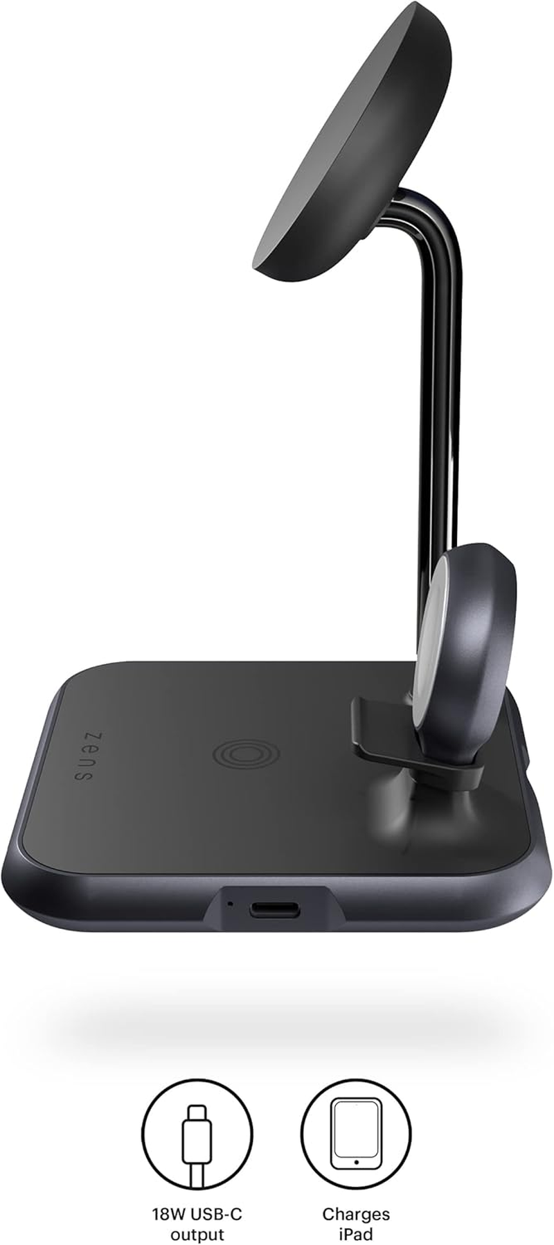 ZENS Magnetic+Watch Aluminium 4-In-1 Wireless Charger Compatible with Magsafe (Qi/Mfi Certified, Power Supply with Cable Included) Black image number 2