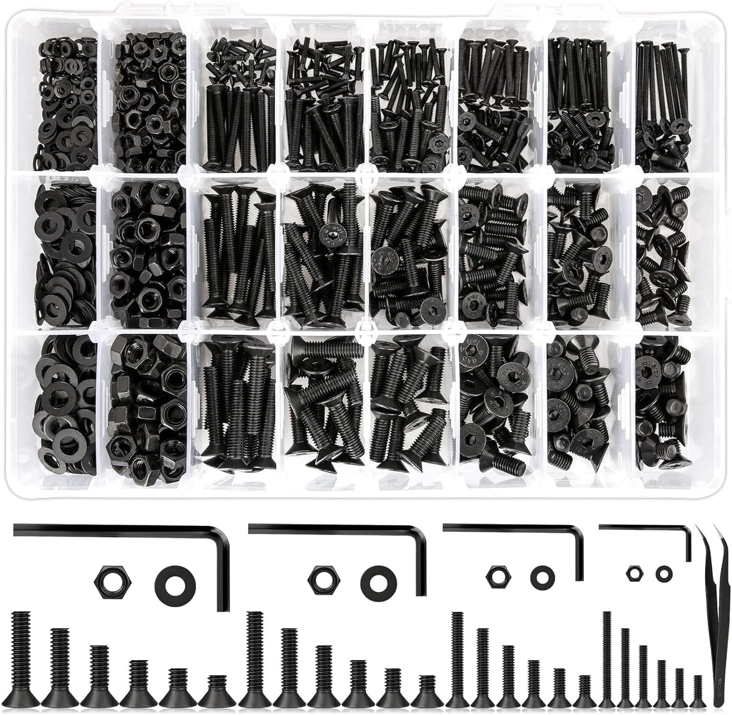 Cseao 940 Pieces M2 M3 M4 M5 Countersunk Head Socket Cap Metric Screws Bolts Washers Nuts Hardware Assortment Kit with Hex Wrenches, 304 Stainless Steel, DIN7991 image number 4