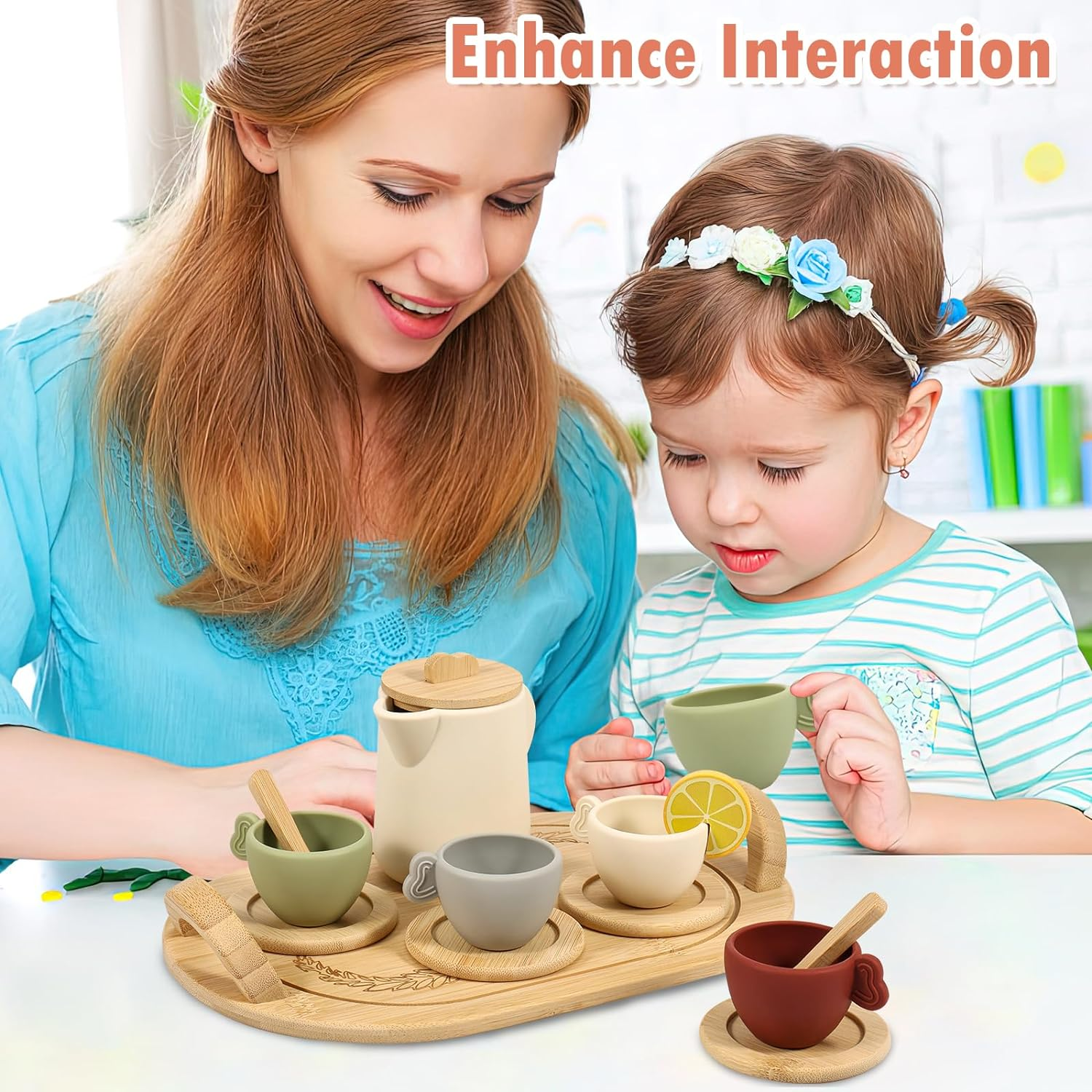 Wooden Tea Set for Little Girls, 14Pcs Tea Party Set for Kids, Simulation Afternoon Tea Kit, Interactive Children Early Education Toys for Girls Birthday Gift (Wood) image number 6