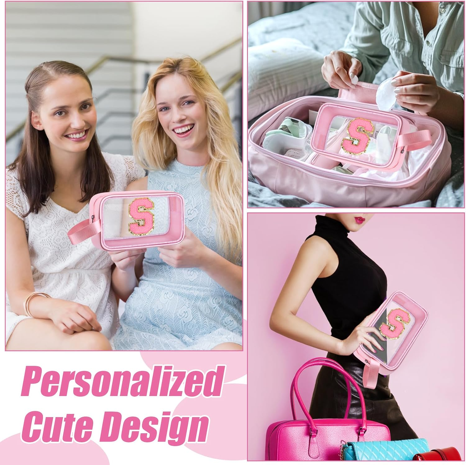 Vodolo Initial Makeup Bag,Letter Cute Clear Monogrammed Cosmetic Travel Bag for Womens Girls,Personalized Pink Aesthetic Traveling Make up Organizer Bag for Beach,Waterproof Toiletry Bag, Pink, S image number 1