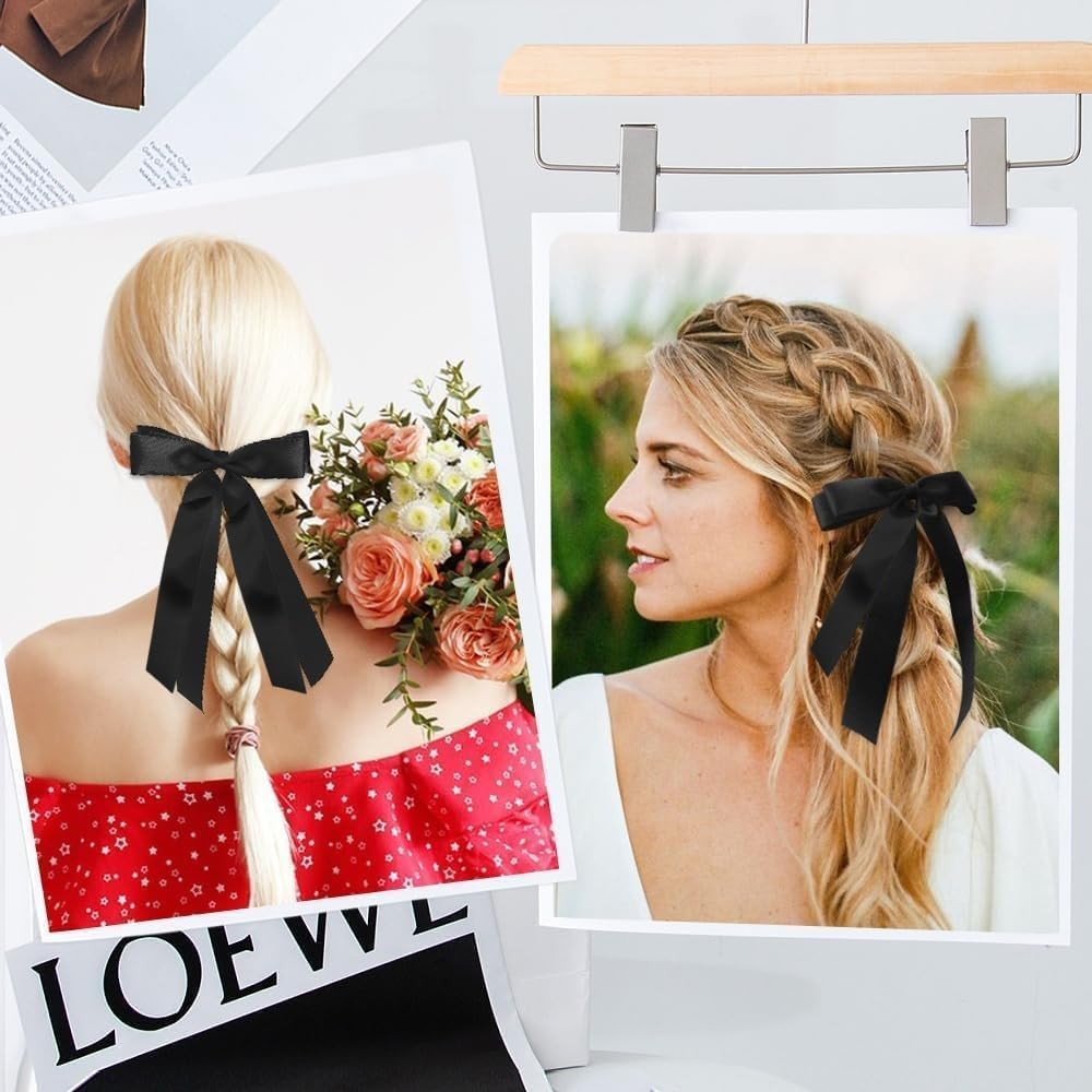 ZANZER 4PCS Silky Satin Hair Bows Hair Clip Beige Pink Hair Ribbon Ponytail Holder Accessories Slides Metal Clips Hair Bow for Women Girls Toddlers Teens Kids - Dark Green + Black + Red + Navy image number 4