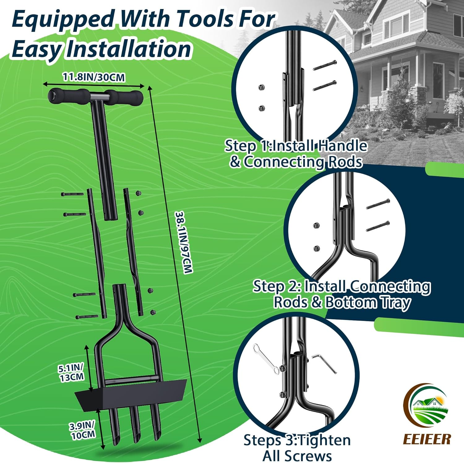 EEIEER Lawn Aerator Coring Tool, Manual Aerator Lawn Tool with Soil Storage Basket, 3 Core Tines Yard Aeration Tools with Cleaning Tool, Plug Aerator for Compacted Soil & Lawn Care image number 2