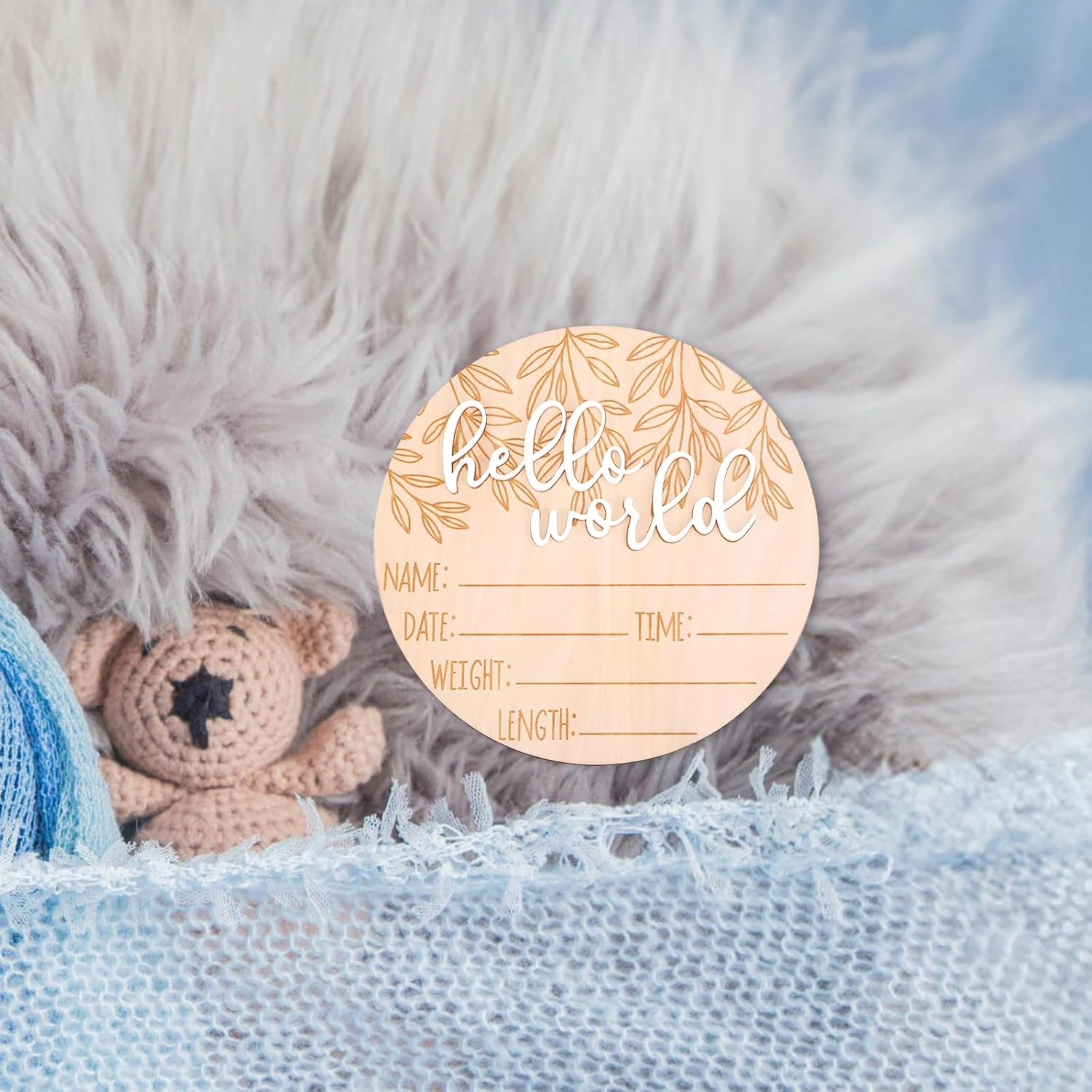 Birth Announcement Sign, Wooden Hello World Newborn Sign Baby Announcement Plaque Newborn Baby Name Board for Photo Props Baby Shower Hospital Nursery image number 5