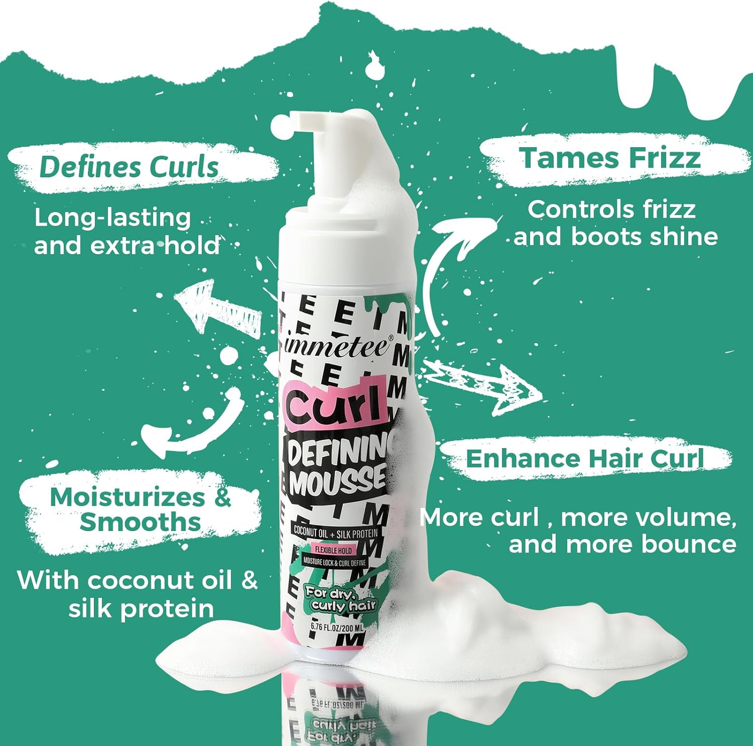 Immetee Curly Hair Mousse, Coconut Oil and Silk Protein for Frizz Control Styling Mousse, Extra Moisture Lock and Curl Define for Curly Hair Products.200Ml/6.76Fl Oz