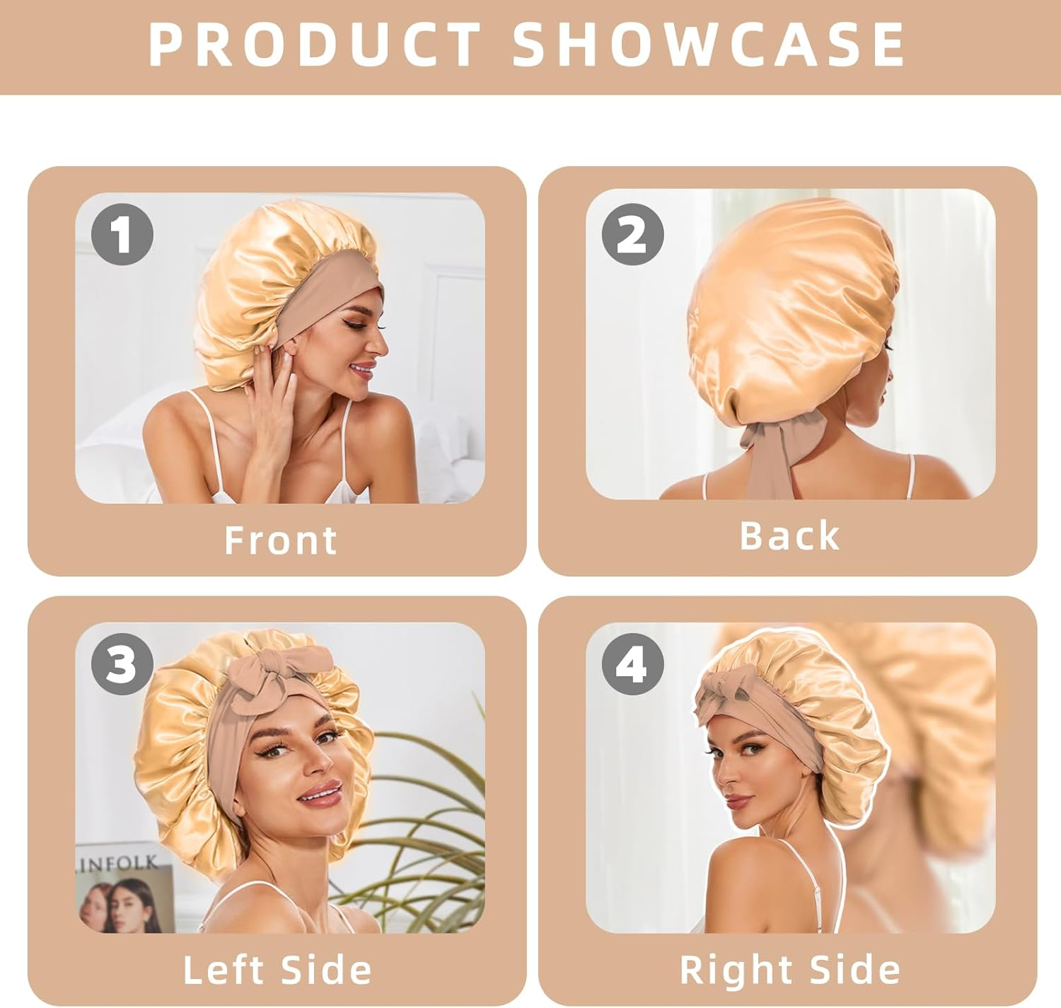 JZS Silk Bonnet for Sleeping Women Satin Double Layer Lined Hair Bonnet with Tie Band Curly Hair image number 4