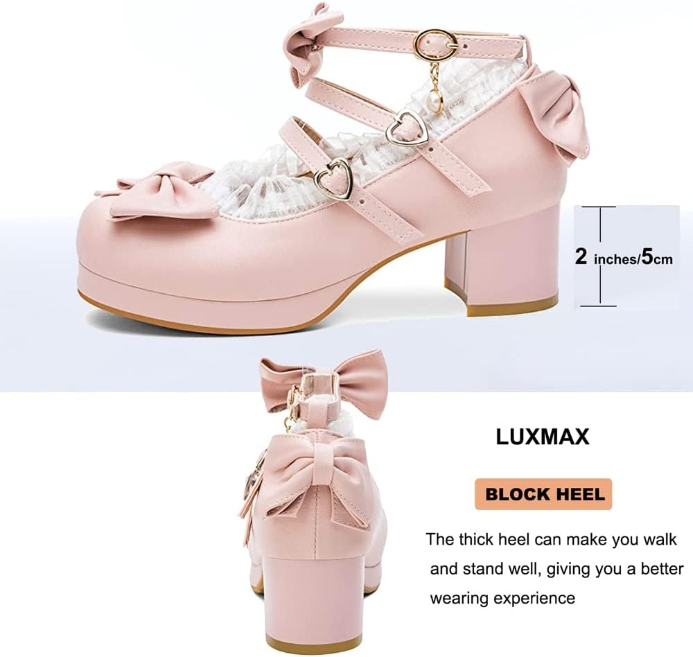 LUXMAX Women Cute Shoes Kawaii Pumps Mid Block Heel Mary Janes Platform Sweet Cosplay Dress Shoes Strappy Ankle Strap Pumps with Bow image number 7