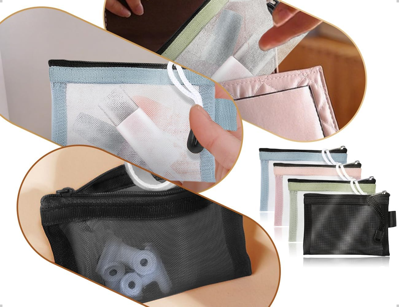 Emezddo Pack of 4 Pencil Cases, Transparent Mesh Nylon Zip Bag, Portable Cosmetic Bag, Waterproof Mesh Bag, Used for School, Office, Travel, Lipstick, Headphones image number 6