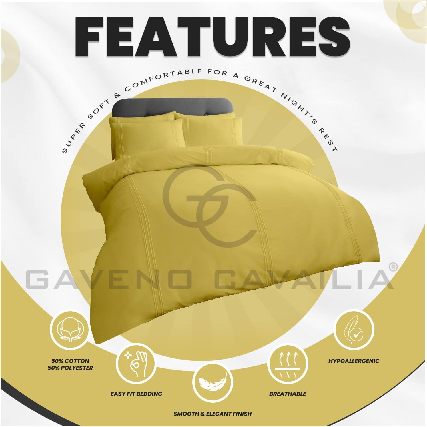 Gaveno Cavailia Luxury Duvet Set Plain Dyed Pleated Quilt Cover Bedding, Polyester, 50% Cotton, Ochre, Single image number 7