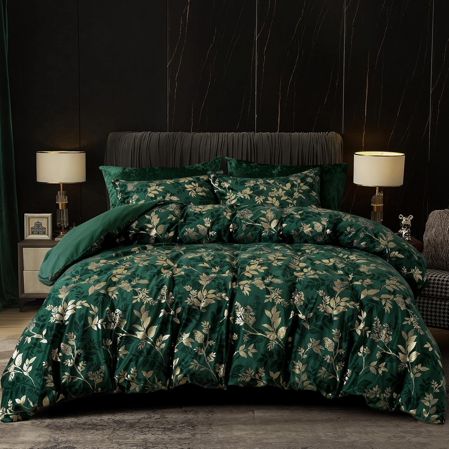 PHF Truly Velvet Duvet Cover Set King Size, 3Pcs Leaves Print Ultra Soft Breathable Comforter Cover Set, Luxury Cozy Flannel Duvet Cover with Pillow Shams Bedding Collection, 104" X 90",Green and Gold image number 5