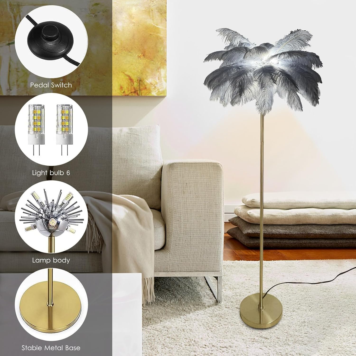 Luxurious Ostrich Feather Floor Lamp&ndash;This Elegant Floor Lamp Features 48 Natural Ostrich Feathers, Offering a Soft, Warm Glow and Creating a Glamorous Atmosphere in Your Living Room