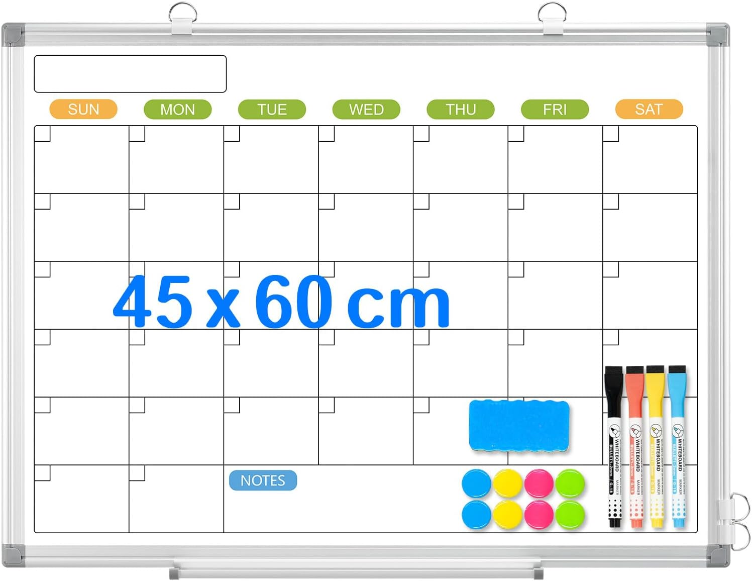 QUEENLINK Double-Sided Magnetic Whiteboard for Wall, Mountable & Hangable with Aluminum Frame, 45 X 60 Cm White Board for Office and Home with Markers, Magnets, Eraser