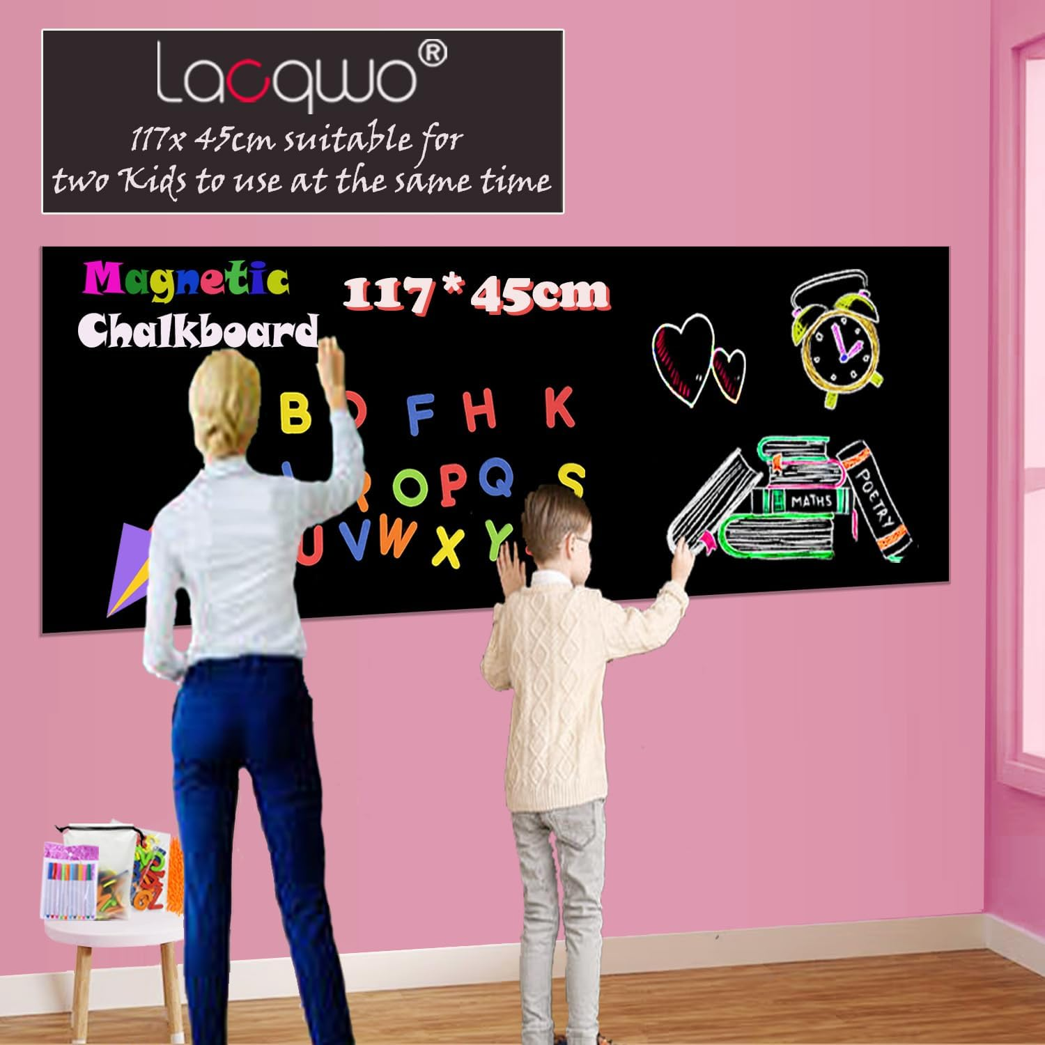 LACQWO Magnetic Chalkboard Contact Paper for Wall 46.3"X18" Self Adhesive Magnetic Wall Board Sticker with 36 Magnet Letters for Kids Black Chalk Board Wallpaper Roll image number 2
