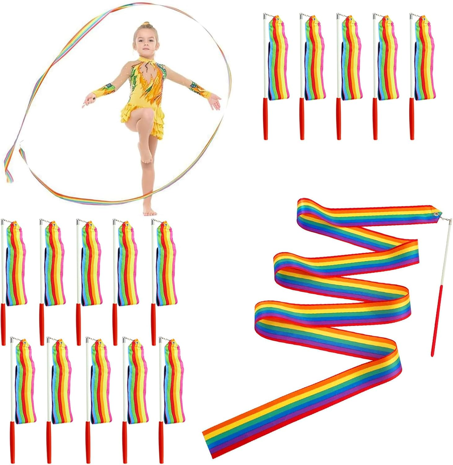 XUTONG 15PCS Dance Ribbon,Rainbow Party Dance Ribbons for Rhythmic Gymnastics Birthday Party Decoration Supplies image number 2
