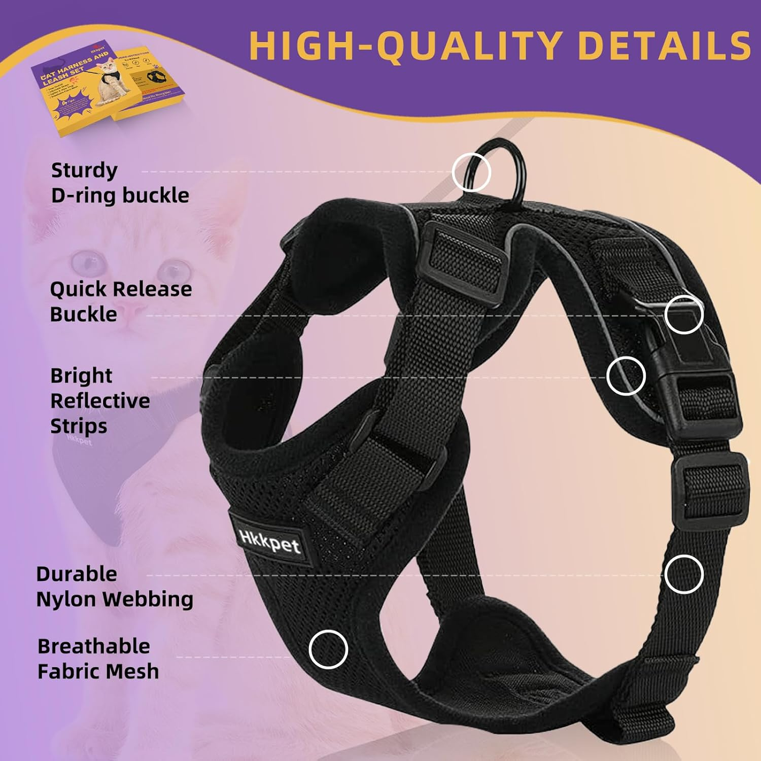 Adjustable Cat Harness and Leash Set for Outdoor Walking, Escape Proof Safe Cat Vest Harness,Soft Breathable Mesh Cat Harness with Reflective Strips,Black (S) image number 5