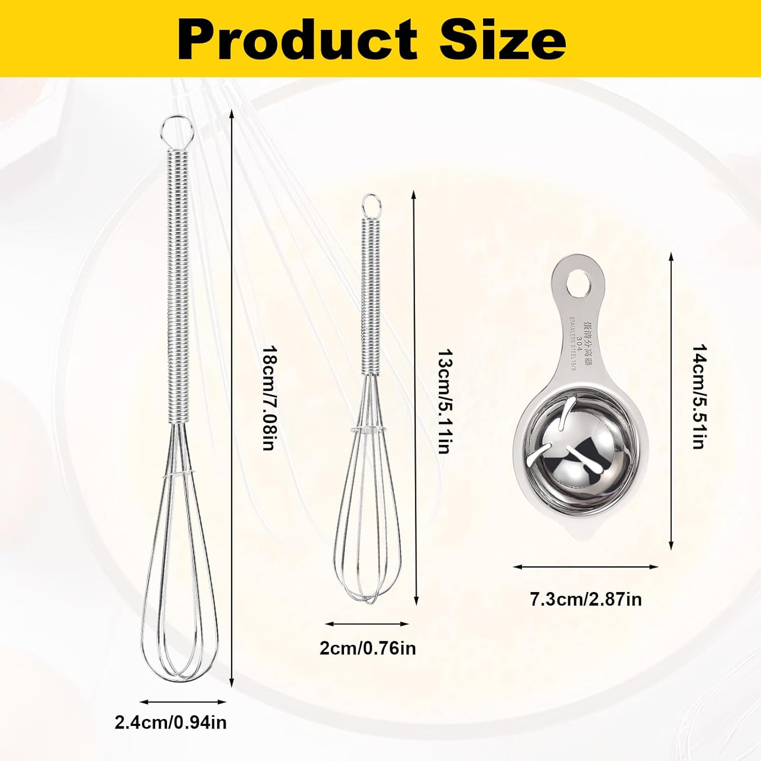 5 Pack Stainless Steel Mini Whisks Set with Egg Separator Includes 5 Inch and 7 Inch Small Wire Whisks for Baking Cooking Mixing Eggs Sauces Batters image number 3