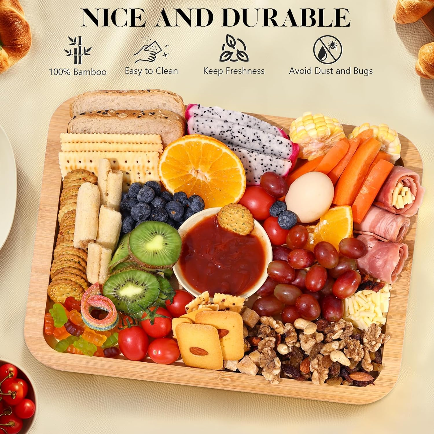 Feshory Premium Charcuterie Board with Clear Locking Lid for Appetizers & Snacks - Cheese Bamboo Board, Serving Tray Ideal for Food Lovers and Parties image number 2