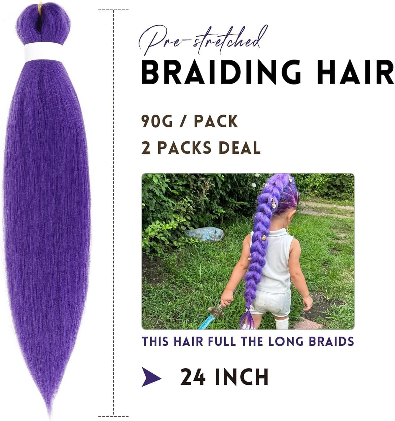 Purple Braiding Hair Extensions for Braids .24 Inch Pre Stretched Hair Long Straight Crochet Braids Yaki Texture Synthetic Fiber 2 Packs (Dark Purple)
