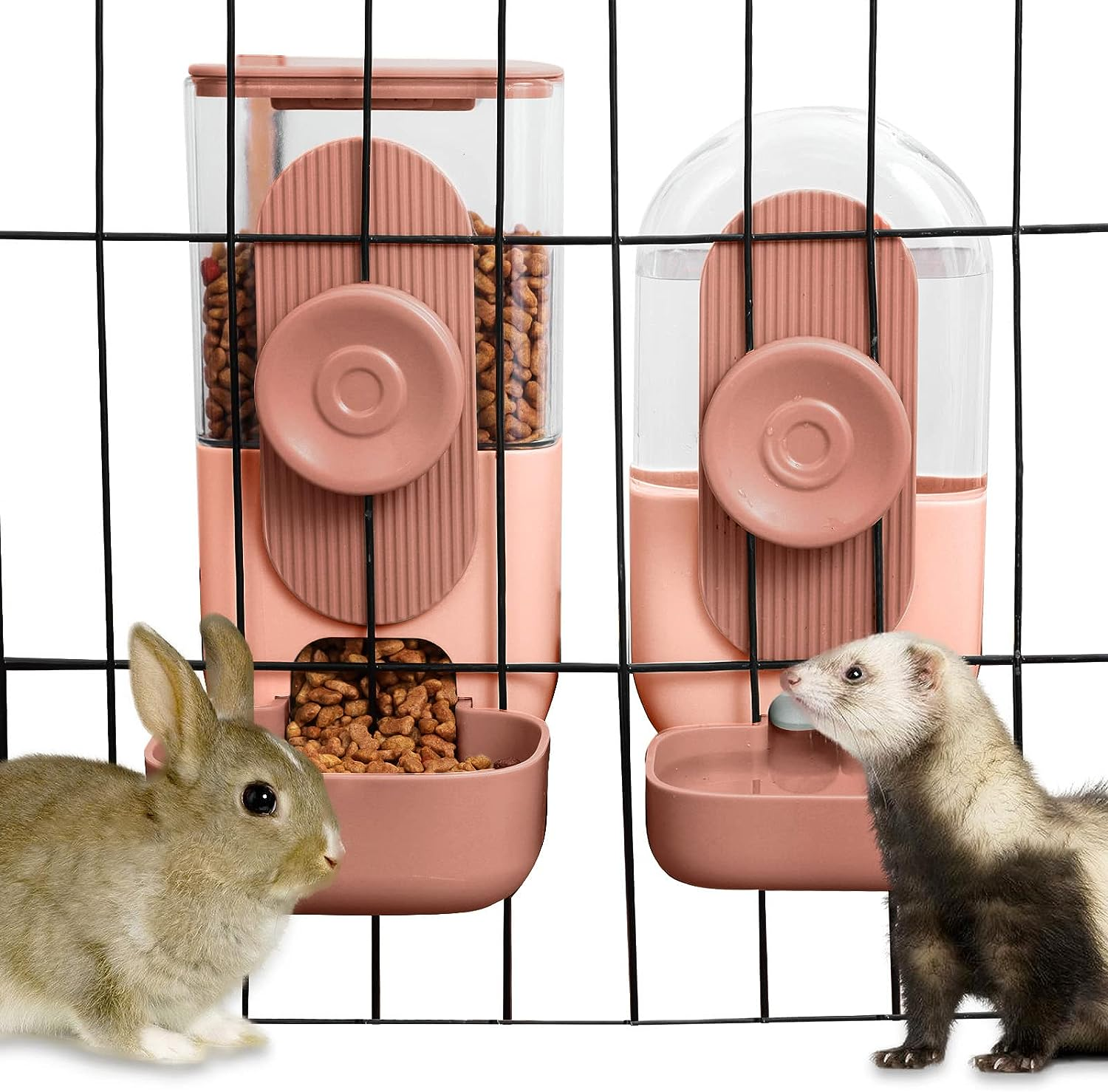 Hanging Automatic Food Water Dispenser,Gravity Rabbit Feeder Water Dispenser Set,Cage Cat Water Dispenser,Food Bowl for Bunny Guinea Pig Ferret Water Dispenser (Cage Grid Spacing over 1.2'')